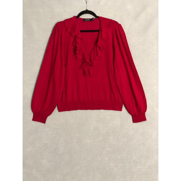 Lauren Ralph Lauren Women's Medium Cotton Blend Ruffle V-Neck Top Red NEW - Picture 1 of 7